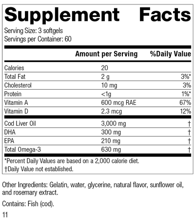 Cod Liver Oil, 180 Softgels, Rev 11 Supplement Facts