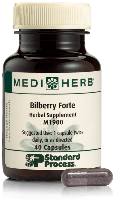 An image of herbal supplement Bilberry Forte next to a capsule.