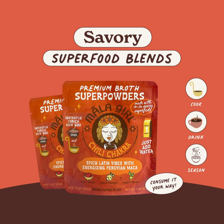 Mala Girl: Chili Chakra Superfood Instant Broth Powder + Instant Soup Base w/ Peruvian Maca 4 servings per package