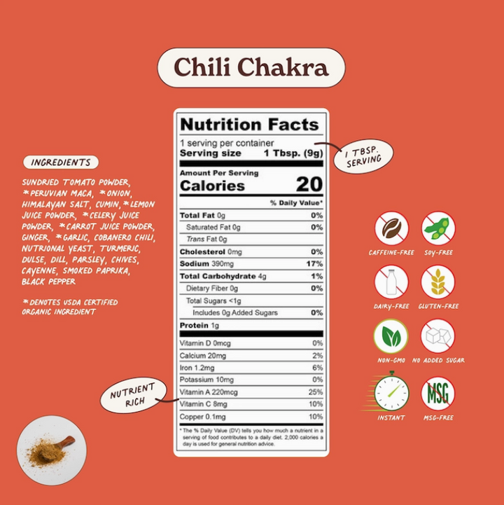 Mala Girl: Chili Chakra Superfood Instant Broth Powder + Instant Soup Base w/ Peruvian Maca 4 servings per package