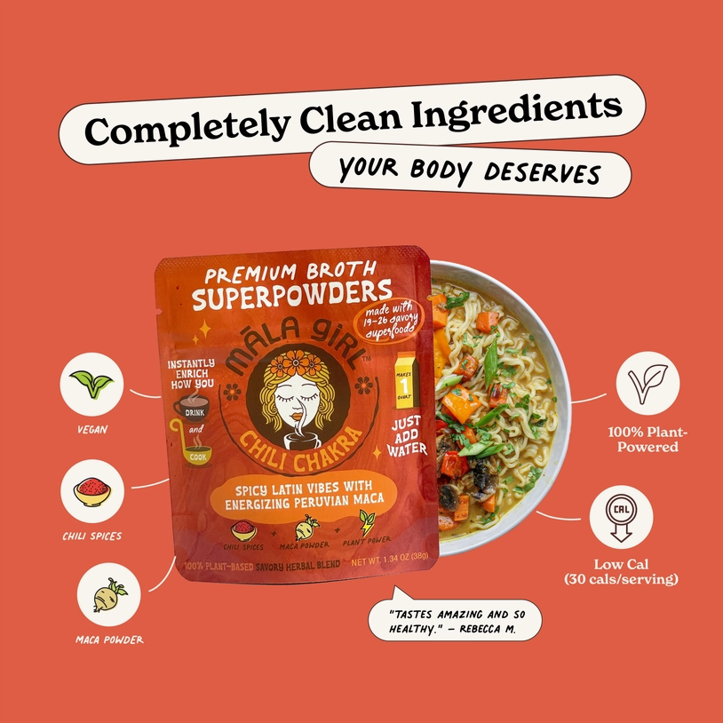 Mala Girl: Chili Chakra Superfood Instant Broth Powder + Instant Soup Base w/ Peruvian Maca 4 servings per package