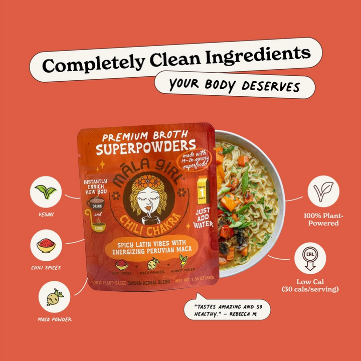 Mala Girl: Chili Chakra Superfood Instant Broth Powder + Instant Soup Base w/ Peruvian Maca 4 servings per package