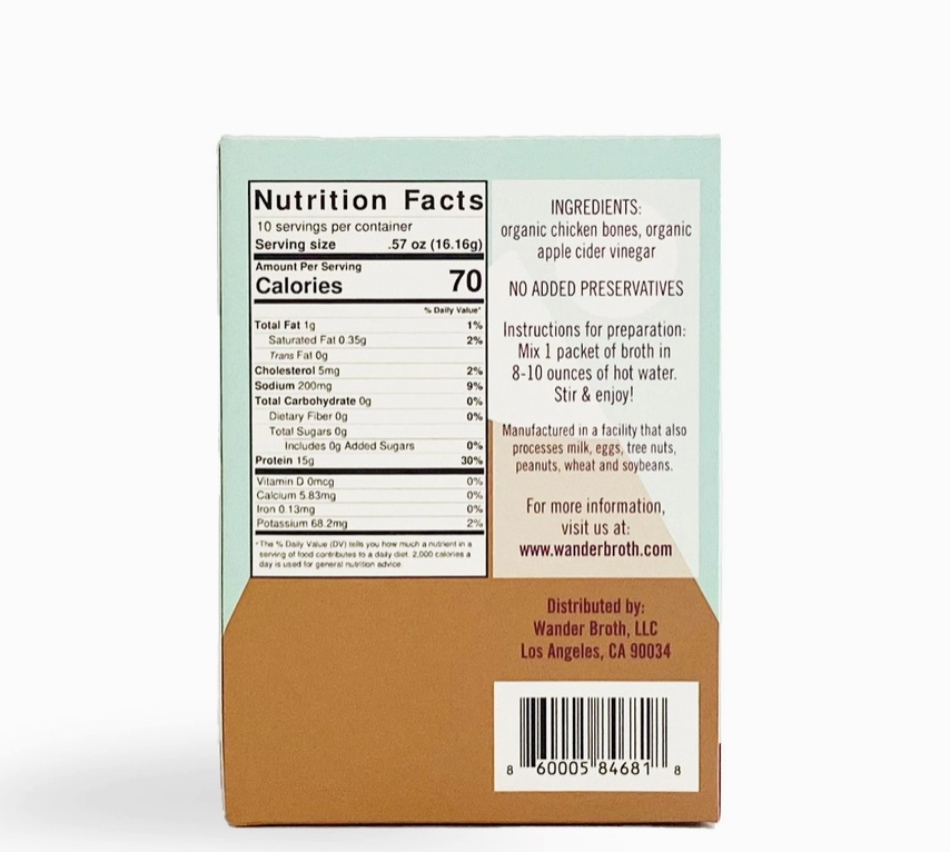 Wander Broth: Freeze-Dried Pastured Chicken Bone Broth (No Salt Added) 10 pack